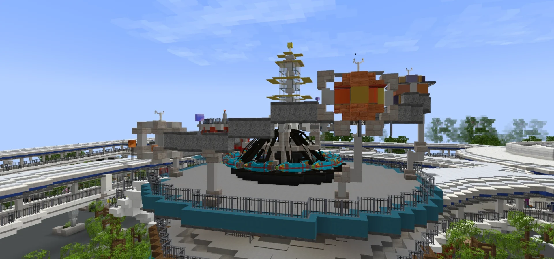 The Astro Orbiter spinning above Rockettower Plaza in Magic Parks Tomorrowland, with the monorail beamway behind it