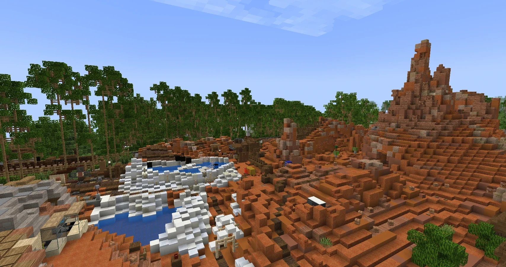The red rock spires of Big Thunder Mountain rising over the Frontierland mining camp in Magic Parks, with the waterfall and rapids below