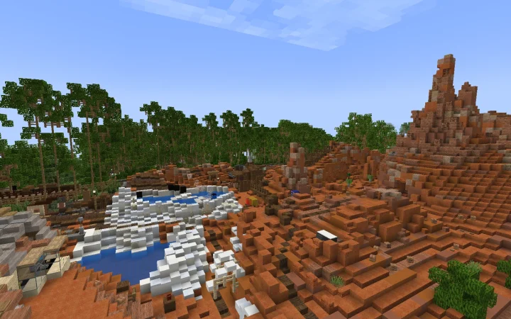 The red rock spires of Big Thunder Mountain rising over the Frontierland mining camp in Magic Parks, with the waterfall and rapids below