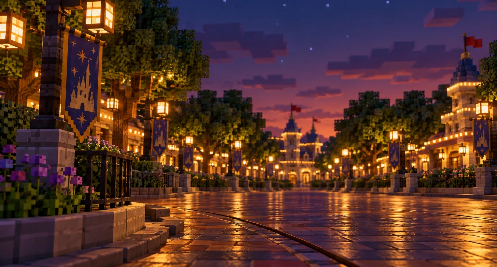 Main Street, U.S.A. at dusk in Magic Parks, lamps and castle banners lit along the empty parade route with Cinderella Castle in the distance