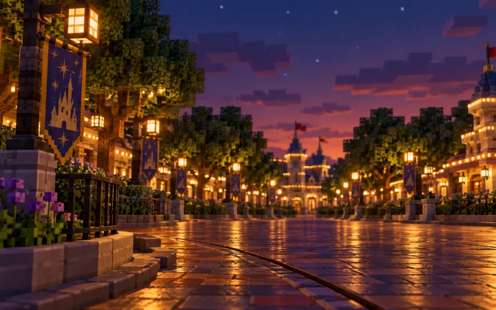 Main Street, U.S.A. at dusk in Magic Parks, lamps and castle banners lit along the empty parade route with Cinderella Castle in the distance