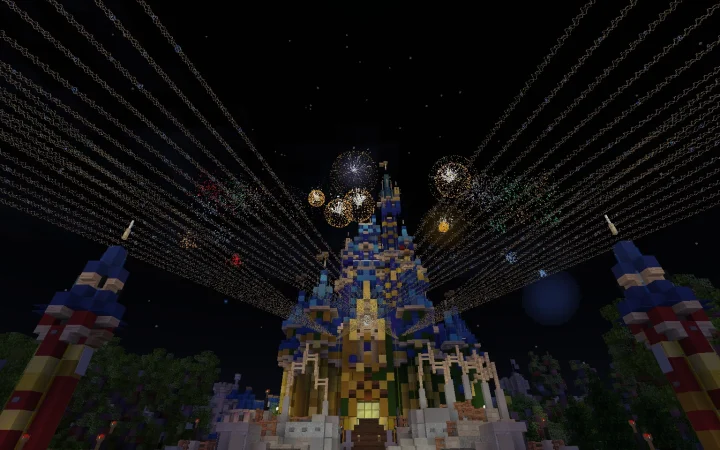 Fireworks bursting over Cinderella Castle during Happily Ever After in Magic Parks, with lit streamer trails fanning out across the night sky above Main Street