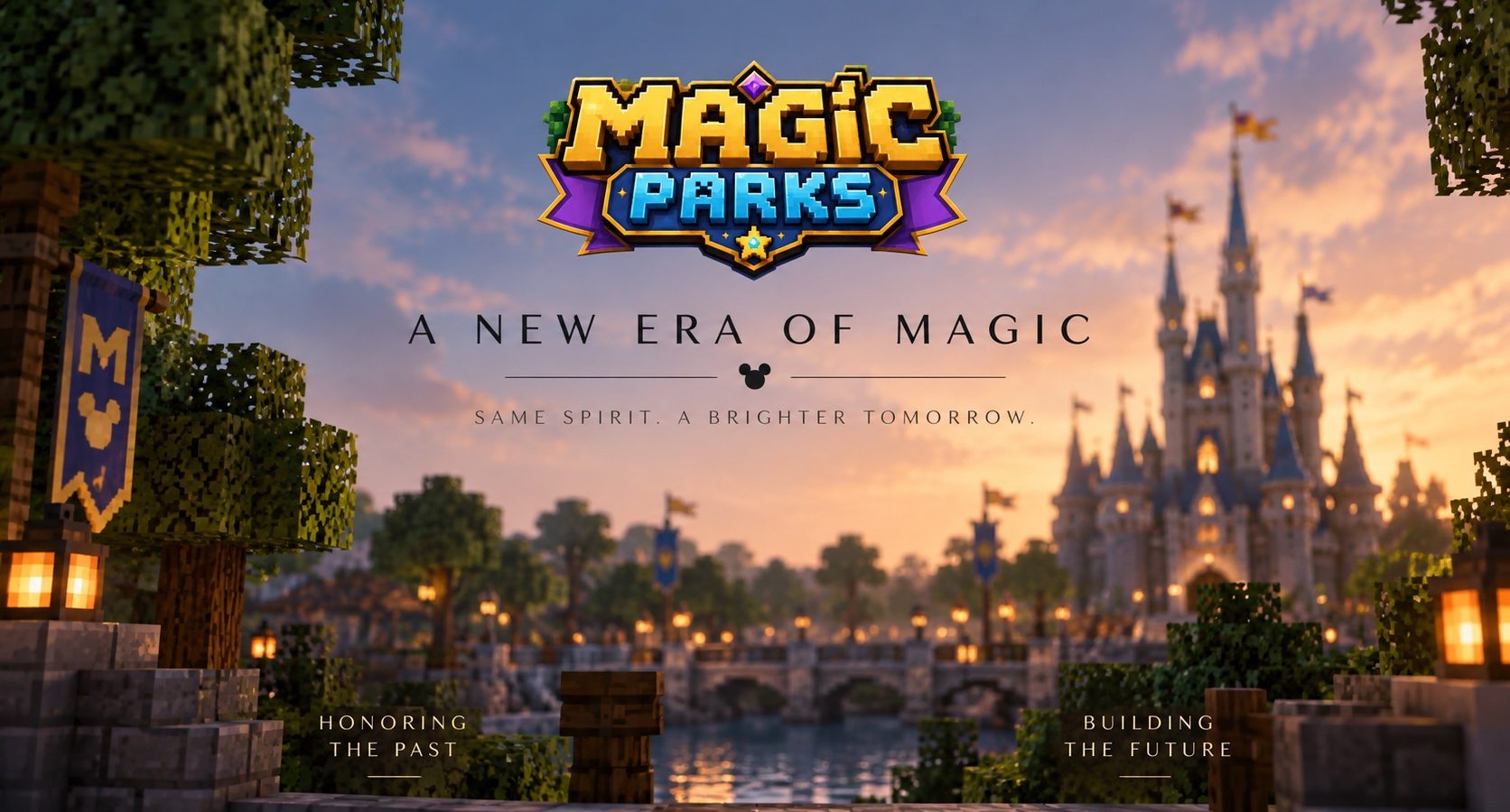 Magic Parks logo above a Minecraft castle at sunset, with the words A New Era of Magic
