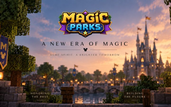 Magic Parks logo above a Minecraft castle at sunset, with the words A New Era of Magic