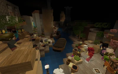 A boat drifting through the lantern-lit town on Pirates of the Caribbean in Magic Parks, animatronic figures lining the market stalls on both banks